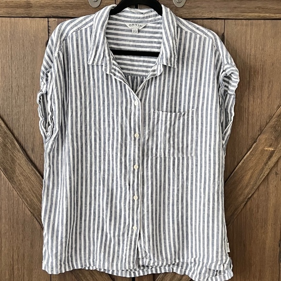 Orvis Cap Sleeve Linen Blend Short Sleeve Striped Shirt Size Large - Picture 4 of 8